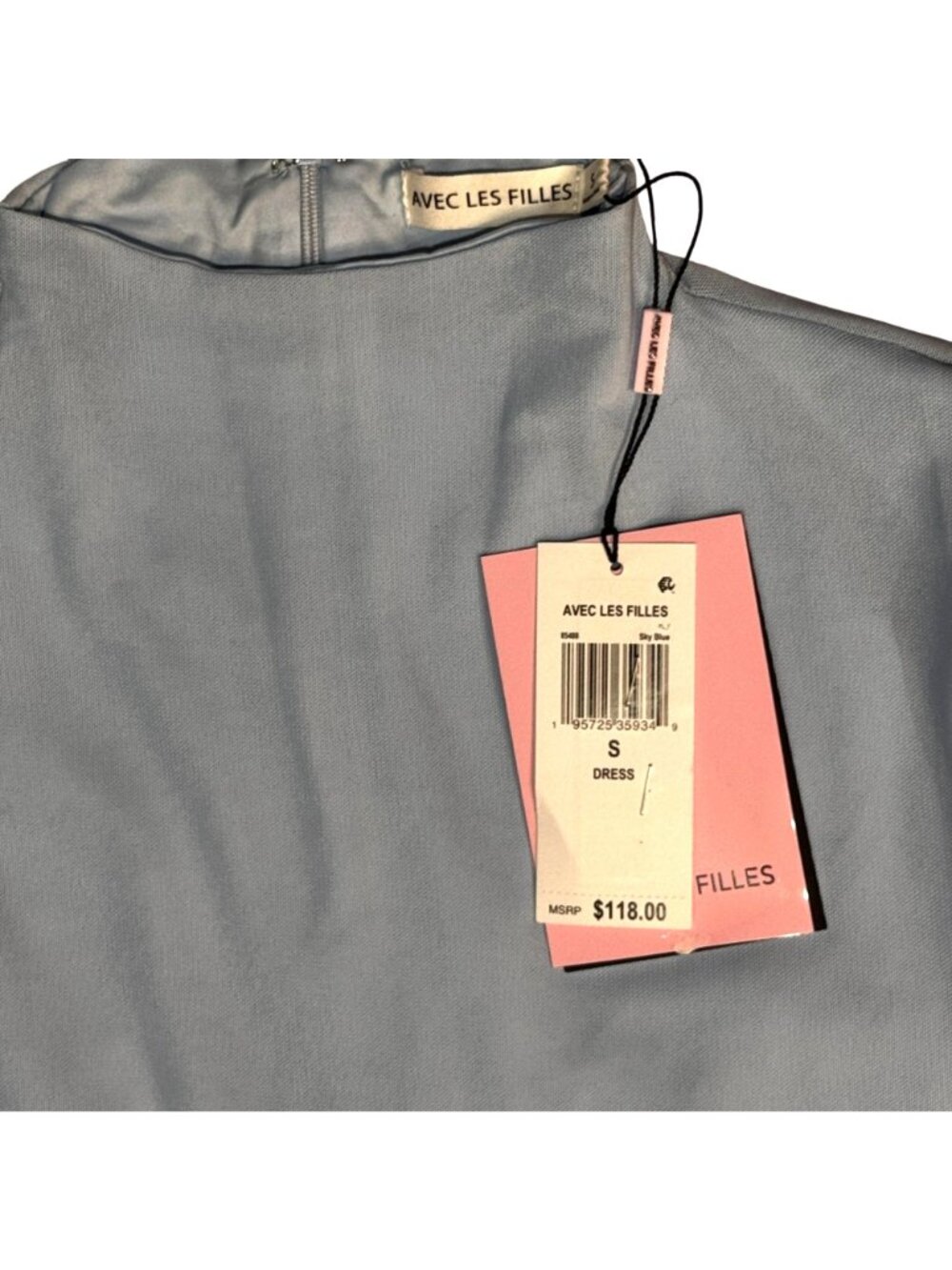 NWT Avec Les Filles Mesh Mock Neck Maxi Dress Sky Blue Small MSRP $118 - Picture 4 of 5